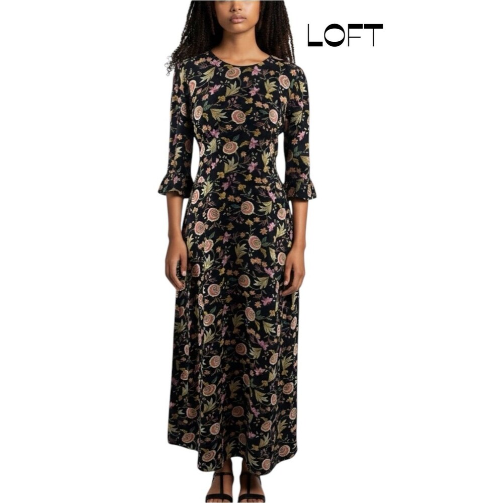 LOFT Black Pink Floral Boho Cottagecore Maxi Dress NWOT Size 4
